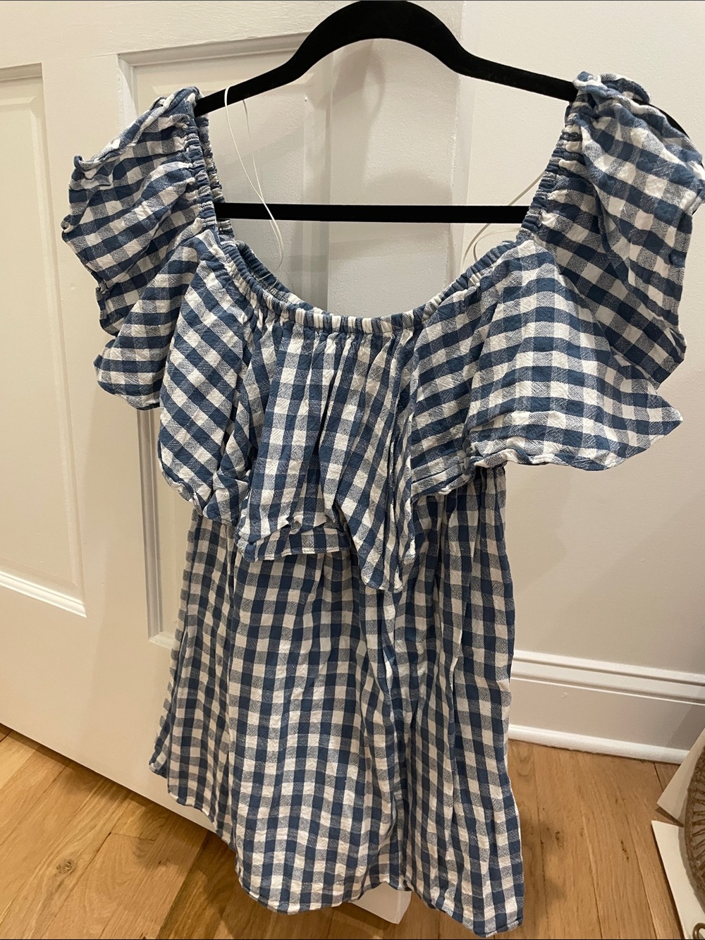Miss Blue and White Gingham Off-Shoulder Ruffle Dress